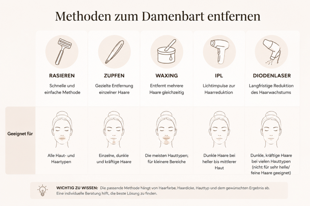 Methoden zum Damenbart entfernen: Rasieren, Zupfen, Waxing, IPL und Diodenlaser. Mit KI generiert.